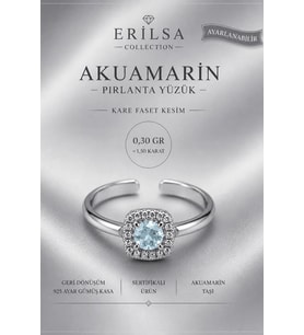 Sertifikalı Akuamarin Taşı Pırlanta Model Kare Faset Kesim 1,50 Karat Gümüş Yüzük