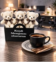 Kişiye Özel Mesajlı  ahşap kutuda Ayıcık buketi kahve fincanı  Hediye Seti (Siyah)