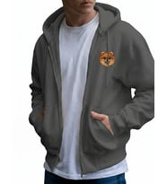 Erkek Pomeranian Baskılı Oversize Fermuarlı Hoodie (Gri)