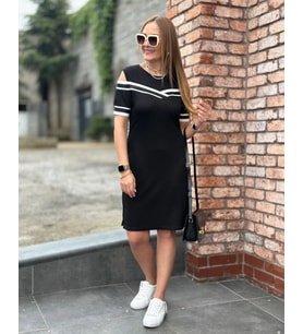Kadın İki İplik Kumaş Kol Ve Yaka Ribana Şeritli Omuz Dekolteli Siyah Elbise