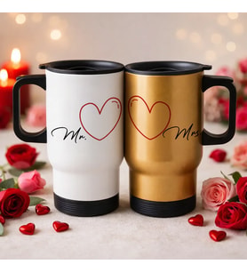 BK Gift Sevgili Çift Tasarımlı 2’li Kulplu Beyaz&Gold Çelik Termos Mug 450 ml -3, Sevgiliye Hediye, Sevgililer Günü Hediyesi