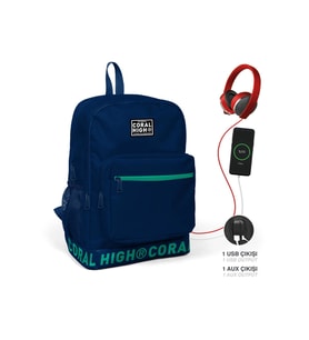 Coral High Nakış Logolu USB Şarjlı Kulaklık Çıkışlı Lacivert Sırt Çantası 24107