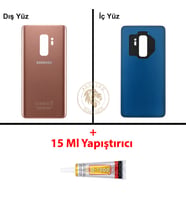 Samsung Galaxy S9 Plus Gold Renk Arka Kapak + B7000 Yapıştırıcı Arka Cam Batarya Kapağı Pil Kapağı Lazer Kesim Back Cover Galaxy S9 Plus Uyumlu