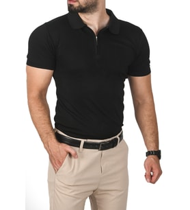 DeepSEA Erkek  Slim Fit Nefes Alan Pamuklu Polo Yaka Tişört Dar Kesim Likralı Triko Tişört 2505001 (Siyah)