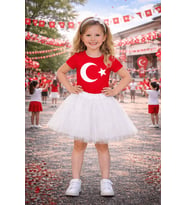 KIZ ÇOCUK TÜRK BAYRAKLI TİŞÖRT , TÜTÜ ETEK KOMBİNİ , 23 NİSAN 29 EKİM ETKİNLİK GÖSTERİ KIYAFETİ (Kırmızı-Beyaz)