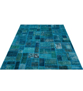 Turkuaz El Dokuma Halı Geometrik Desenli Modern Salon Halısı Yün Patchwork Detaylı Yatak Odası
