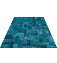 Turkuaz El Dokuma Halı Geometrik Desenli Modern Salon Halısı Yün Patchwork Detaylı Yatak Odası