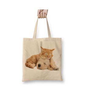 Cats and Dogs Friends Pet Kedi Köpek Beyaz Bez Çanta Uzun Saplı Alışveriş Çantası Plaj Çantası