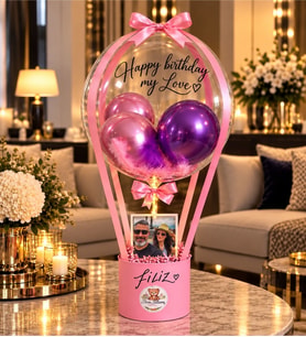 Bearbloom Kişiye Özel Tasarlanabilir Fotoğraflı & Işıklı & Kuş Tüylü Balon Konsept Kutu