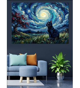 Van Gogh Tarzı Yıldızlı Gece Kedi Dekoratif Kanvas - Mdf Ahşap Tablo