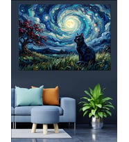 Van Gogh Tarzı Yıldızlı Gece Kedi Dekoratif Kanvas - Mdf Ahşap Tablo