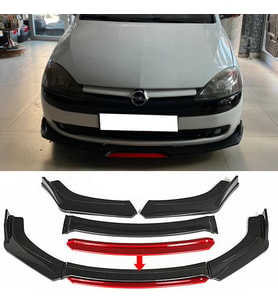 Opel Corsa C Kırmızı Renkli Şeritli Dilli Ön Lip 4 Prç Parlak Siyah ABS