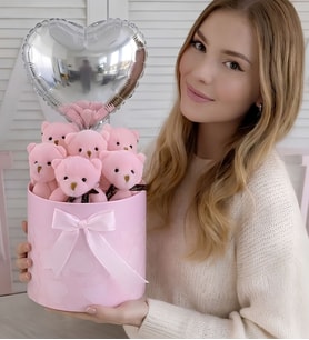 Premium Silindir Pembe Kalpli Kutusunda, Kalpli Büyük Balonlu 6’lı Pembe Ayıcık Buketi