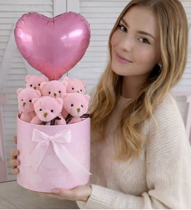 Premium Silindir Pembe Kalpli Kutusunda, Kalpli Büyük Balonlu 6’lı Pembe Ayıcık Buketi  Anneler  Gününe ÖZEL