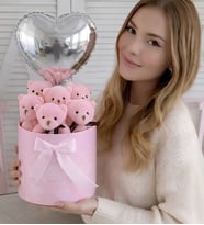 Premium Silindir Pembe Kalpli Kutusunda, Kalpli Büyük Balonlu 6’lı Pembe Ayıcık Buketi