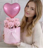 Premium Silindir Pembe Kalpli Kutusunda, Kalpli Büyük Balonlu 6’lı Pembe Ayıcık Buketi  Anneler  Gününe ÖZEL