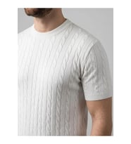 Erkek Yazlık Triko Dokuma Tişört Kısa Kol Bisiklet Yaka Örgü Desenli T-Shirt - Beyaz