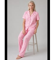 Night Ekose Fiyonk Desenli Kısa Kollu Pijama Takımı Kadın Düğmeli Uzun Alt Pijama Takımı 4633