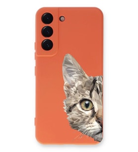 Samsung Galaxy S22 Uyumlu Lansman Kılıf Catface Tasarımlı İçi Kadife Kapak-Turuncu (Şeffaf)