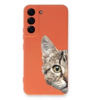 Samsung Galaxy S22 Uyumlu Lansman Kılıf Catface Tasarımlı İçi Kadife Kapak-Turuncu (Şeffaf)