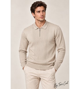 Erkek Polo Yaka Yarım Fermuarlı Önü Fitilli Slim Fit Akrilik Pamuk Triko Kazak