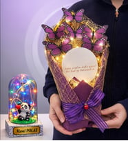 Led Işıklı Aynalı Mor Kelebek Buketi Kişiye Özel Renkli Işıklı Fanus Hediyeli (Model 5)