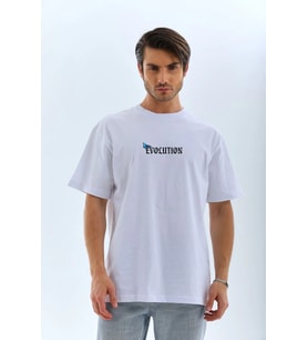 Erkek Kısa Kol Yazlık Tişört Bisiklet Yaka KELEBEK Baskılı T-Shirt - Beyaz