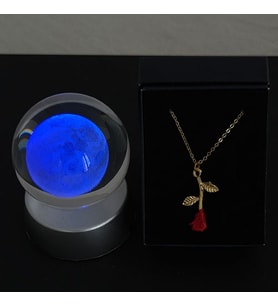 Dolunay Model Cam Küre Işıklı & Gül Kolye Özel Kutulu Set