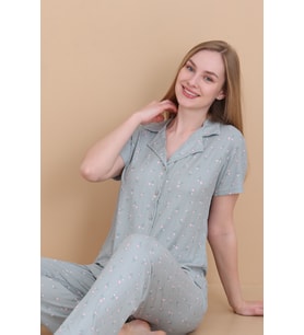 Mirano 9512 Güllü Pegasus Kumaş Düğmeli Kısa Kolu Kadın Pijama Takımı