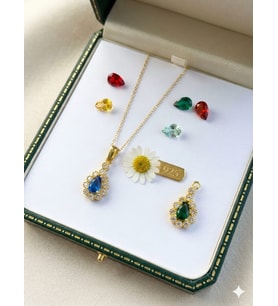 925 Ayar Kişiye Özel Doğum Taşlı Damla Taşlı Safir Yakut Zümrüt Kolye.rose.gold.rodaj