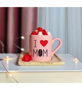 I Love Mom ( Seni Seviyorum Annem ) Tasarımlı Kişiye Özel Pembe Türk Kahvesi Fincanı