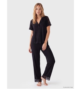 LCW DREAM Siyah Gömlek Yaka Kadın Pijama Takımı