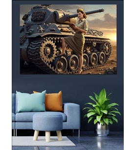 Tank Yanında Duran Askeri Kadın Dekoratif Kanvas - Mdf Ahşap Tablo