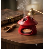 Kırmızı Kalp Detaylı Mantar Ev Şeklinde Tealight Mumluk - Dekoratif Mumluk