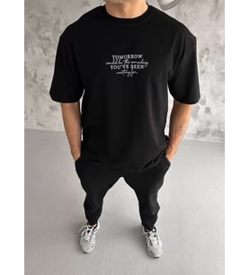 pilelistore- Unisex Bisiklet Yaka Baskılı Oversize T-Shirt - Siyah