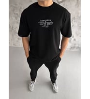 pilelistore- Unisex Bisiklet Yaka Baskılı Oversize T-Shirt - Siyah