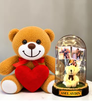 Kişiye Özel 3 Fotoğraflı Yazılı LED Işıklı Fanus ve Kırmızı Kalpli Peluş Ayıcık (peluş ayıcıklı)