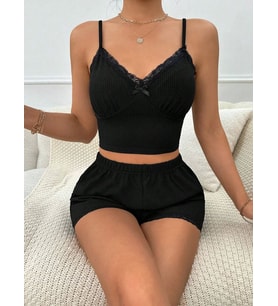 Siyah Fiyonk Detaylı Şortlu Pijama Takımı2li