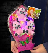 Renkli Led Işıklı Kişiye Özel Fotoğraflı Pembe Ayıcıklı Peluş Ayıcık Buketi (Model 5)