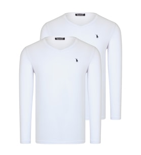 İKİLİ SET T8587 DEWBERRY V YAKA ERKEK SWEATSHIRT-BEYAZ-BEYAZ