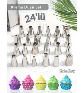 24 Parça Krema Duyu Seti Orta Boy Şanti Duyu Çelik Pasta Süsleme Duyu-Dolgusu