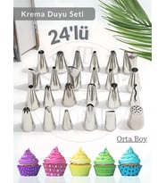 24 Parça Krema Duyu Seti Orta Boy Şanti Duyu Çelik Pasta Süsleme Duyu-Dolgusu