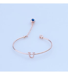 Rose Gold Kaplama Nazar Boncuklu U Harfi Gümüş Bileklik
