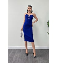 Atlas Kumaş Askılı Payet Detaylı Kalem Elbise - SAKS MAVİ (Saks Mavisi)