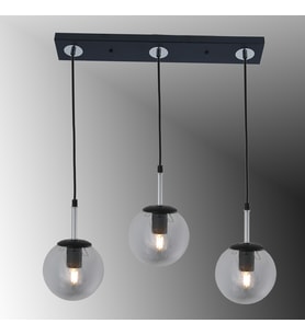 TT604-3S-SY-KR TT Aydınlatma Mat Siyah - Krom 3 lü Tijli Glop Camlı Sıralı Avize
