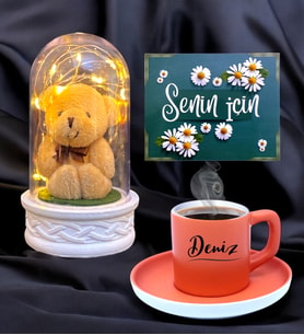 İsimli Turuncu Renkli Kahve Fincanı ve Led Işıklı Tasarım Fanus ve  Kişiye Özel Hediye Seti (Model 4)