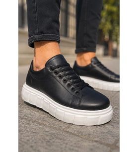 ARES Bağcıklı Cilt Erkek Günlük Sneaker Yüksek Taban Ayakkabı - Siyah Beyaz