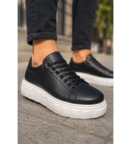 ARES Bağcıklı Cilt Erkek Günlük Sneaker Yüksek Taban Ayakkabı - Siyah Beyaz
