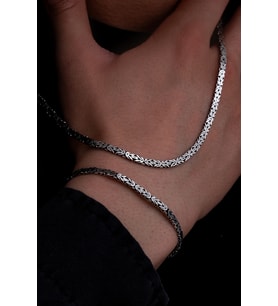 Erkek Gümüş Kolye Bileklik Set - 4mm Dikdörtgen Kesim Yassı Kral Gümüş Kolye Bileklik Set