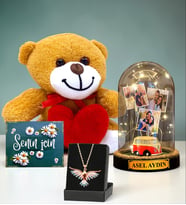 Kişiye Özel Premium Set Led Işıklı Fanus & Renkli Anka Kuşu Kolye & Kalpli Peluş Ayıcık (Model 6)
